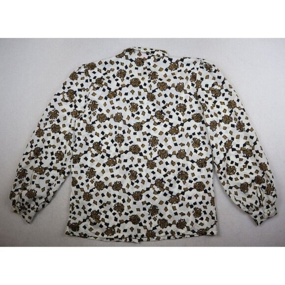 VINTAGE WOMEN'S WHITE BLACK GOLD PRINT LONG SLEEVE BLOUSE - JONQUIL JUDY BOND 12 - Picture 9 of 9